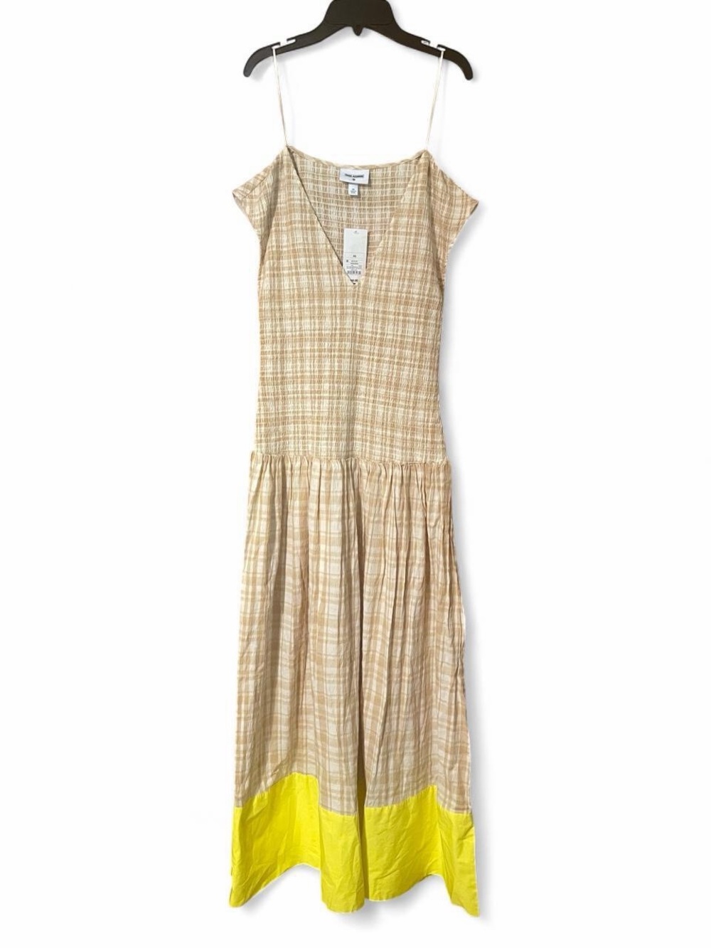 Rosie Assoulin Beige Plaid Maxi Dress with Yellow Hem
